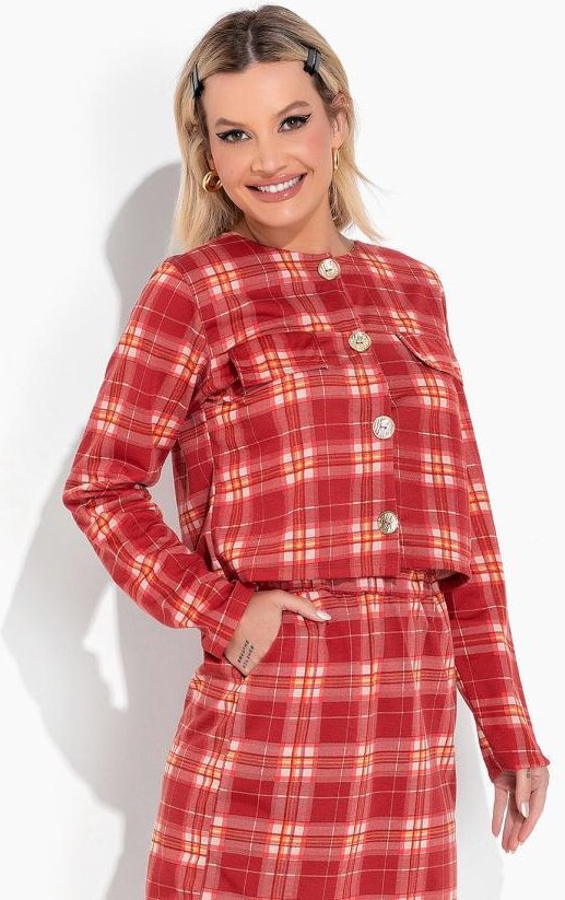 Blazer Xadrez Vermelho com Botões Funcionais