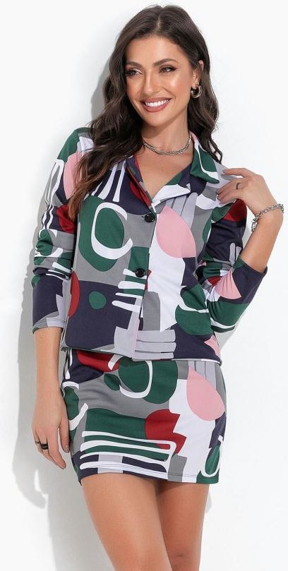 Conjunto Geométrico Cinza com Blazer e Saia