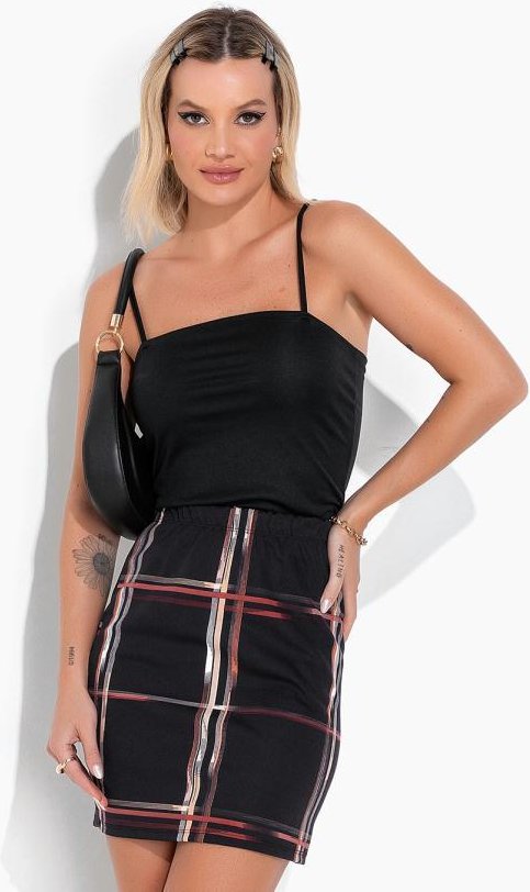 Conjunto Xadrez Preto com Saia e Cropped