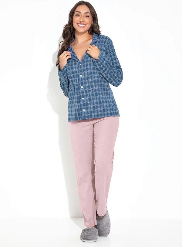 Pijama Xadrez Marinho em Malha de Algodão