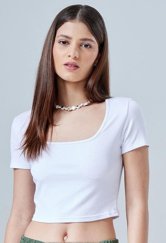 Blusa Cropped Canelada Decote Quadrado