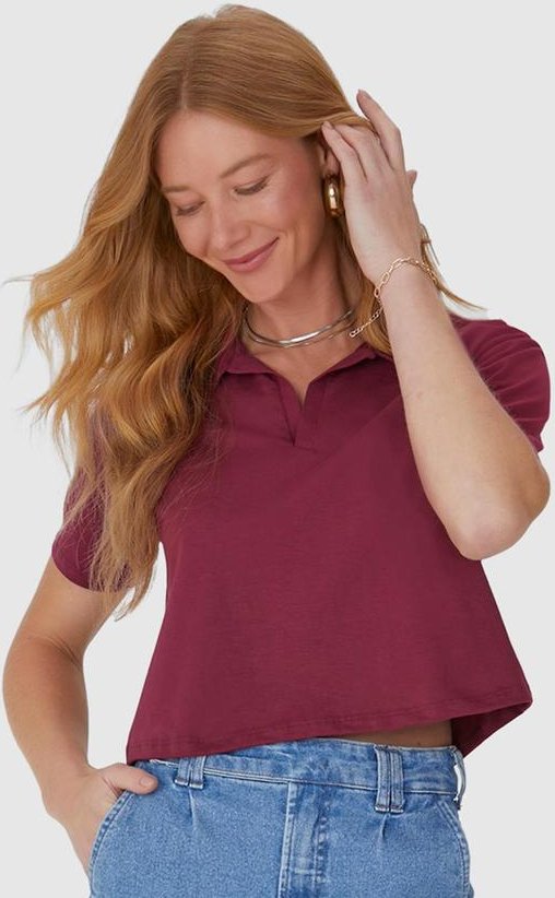 Blusa Cropped com Gola Esporte em Algodão Roxo