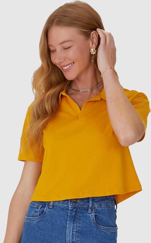 Blusa Cropped Gola Esporte em Algodão Amarela