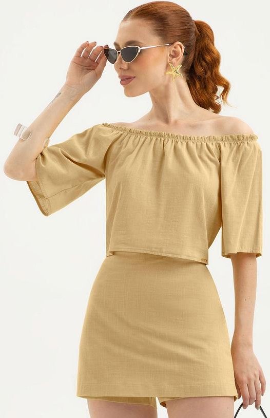 Blusa Cropped Ombro a Ombro em Algodão Bege