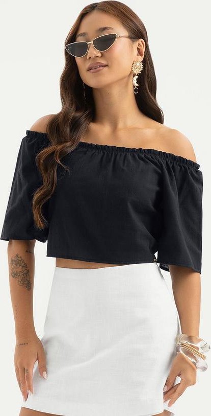 Blusa Cropped Ombro a Ombro em Algodão Preto
