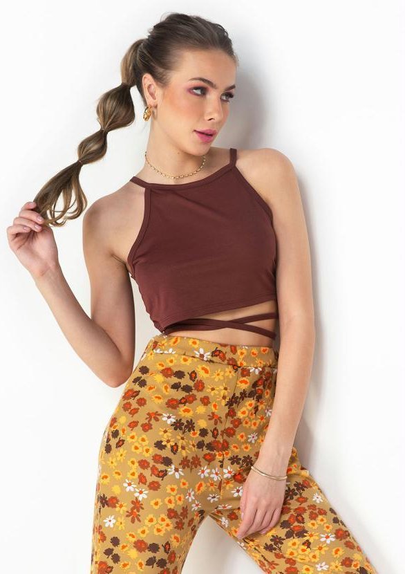 Imagem principal Cropped Marrom com Decote Trapézio e Amarração Moda Pop Moda Pop