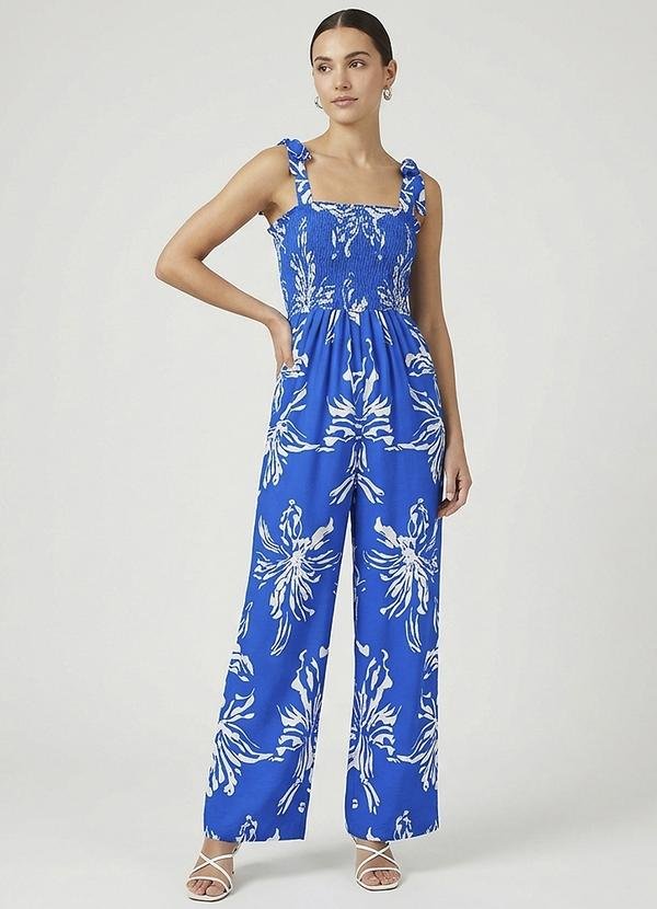 Macacão Longo Feminino de Lastex Estampado Azul