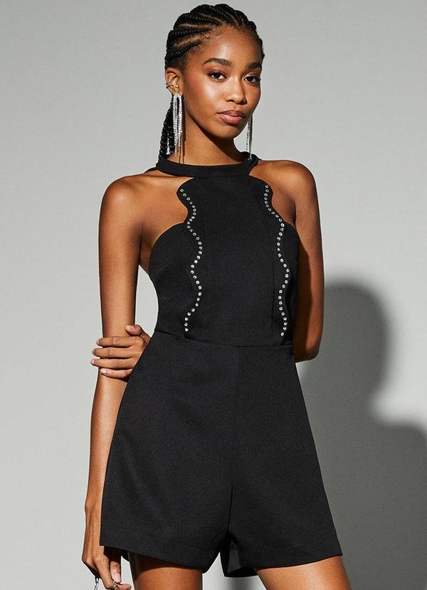 Macaquinho Alfaiataria com Ondas Strass Preto