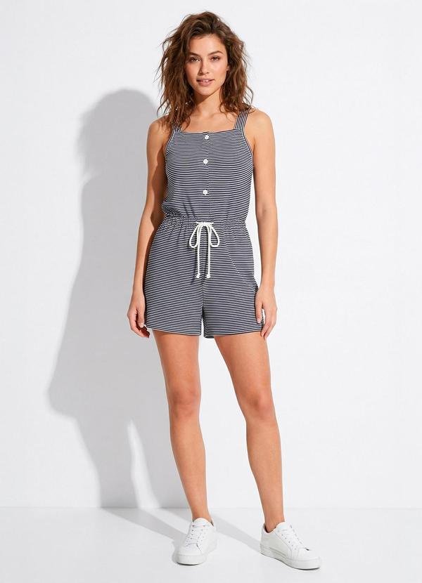 Macaquinho Listrado Marinho com Alças e Botões