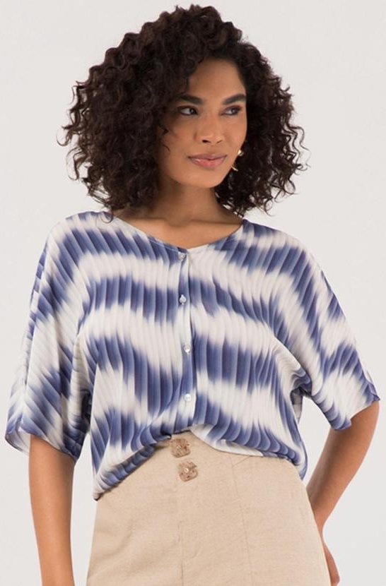 Camisa com Decote em V e Manga Curta Azul