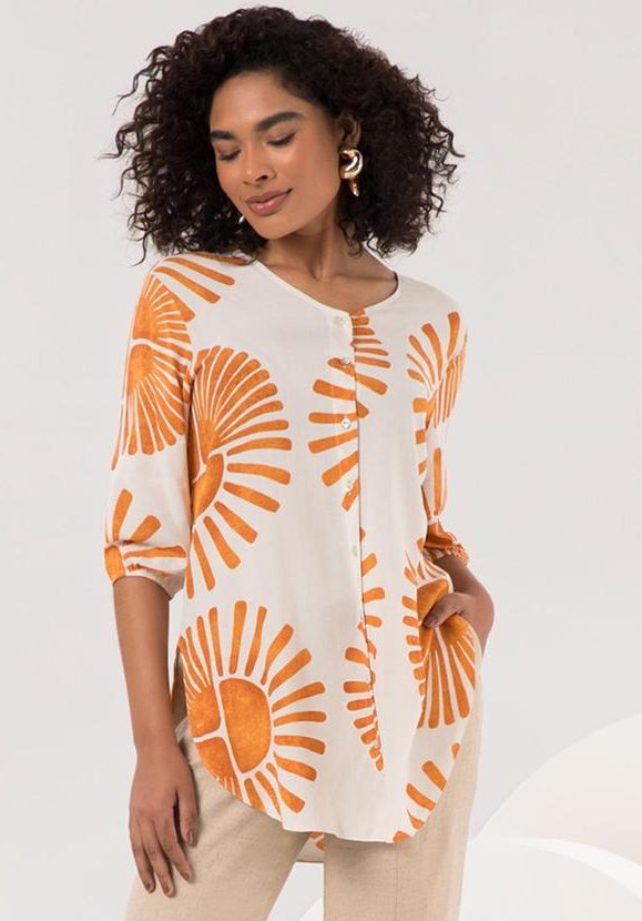 Camisa Estampada Alongada com Mangas 3/4 Amarelo