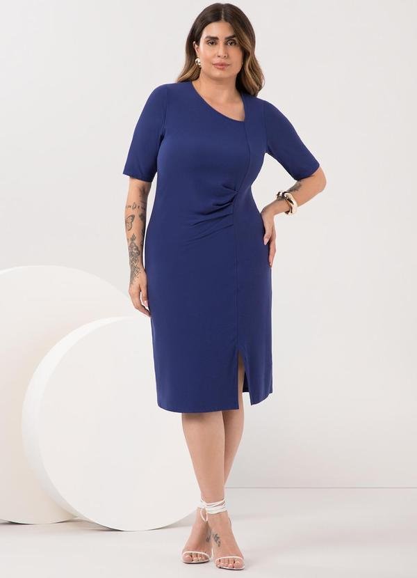 Vestido com Mangas 3/4 Plus Size Crepe Azul