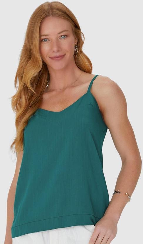 Regata Decote V Alça Fina em Viscolinho Verde