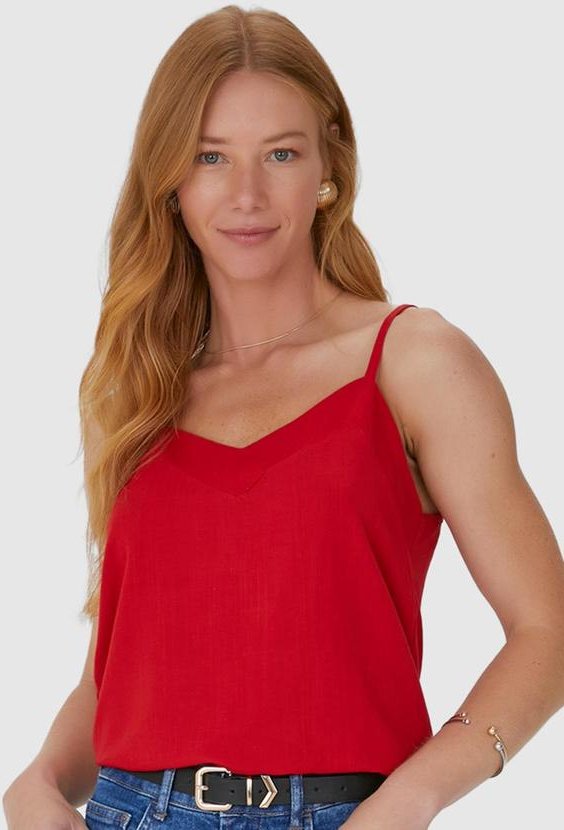 Regata Decote V Alça Fina em Viscolinho Vermelho