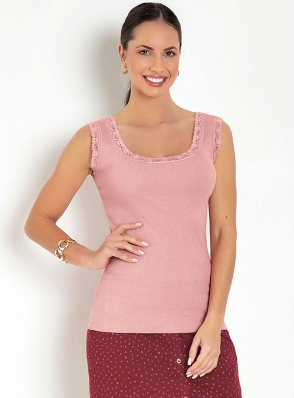 Imagem principal Regata em Ribana Rosa com Renda Moda Pop Moda Pop