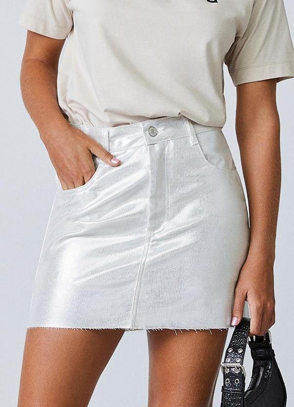 Saia em Sarja Branca com Foil Prata