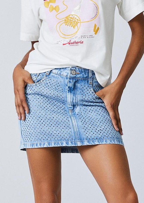 Saia Jeans com Strass Azul