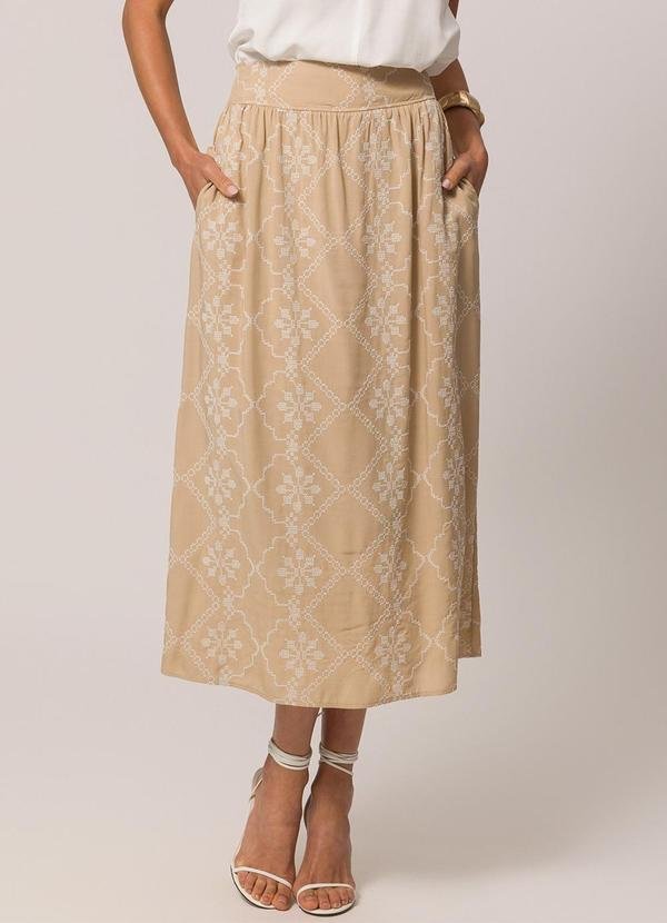 Saia Longa Bordada em Viscose Bege