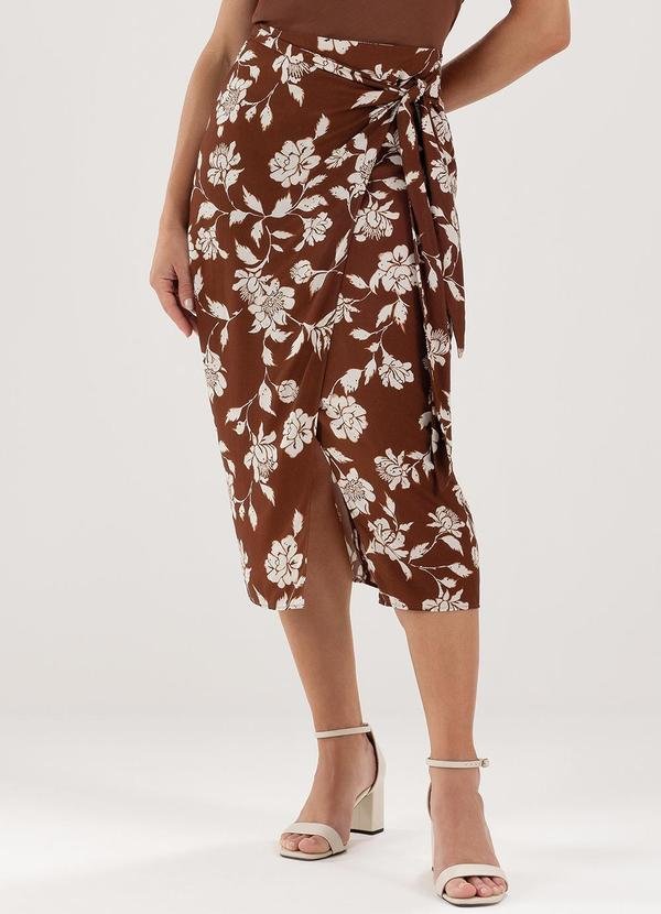 Saia Longuete Floral Marrom e Off White Liara