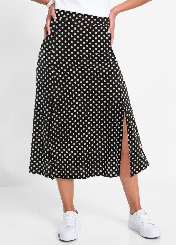 Saia com Fendas Midi Poá Preto
