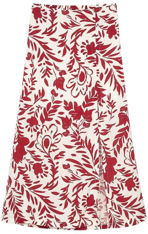 Saia Feminina Midi Floral com Fenda Bege