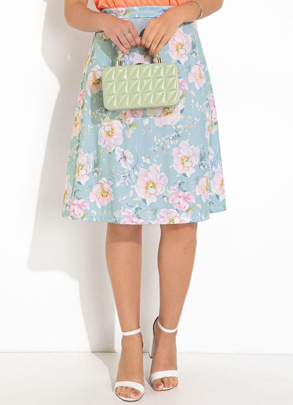 Saia Floral Azul em Jersey Acetinado