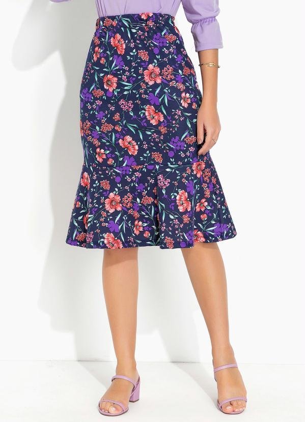 Saia Floral Marinho com Babado
