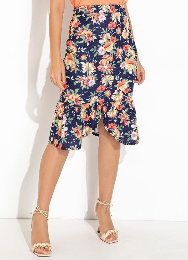 Saia Floral Marinho em Jersey Acetinado