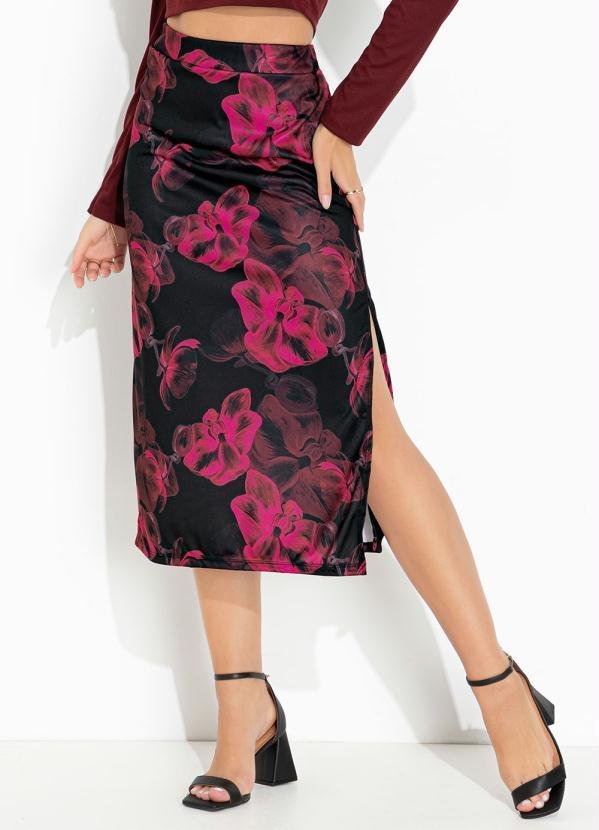 Saia Floral Preto com Fenda e Cintura Alta