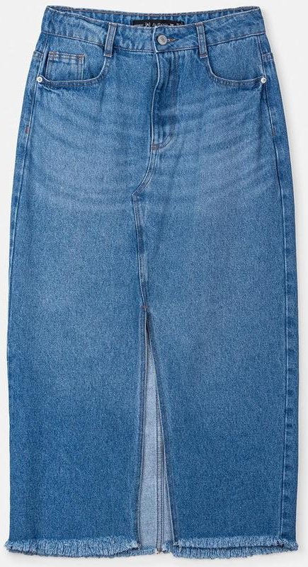 Saia Jeans Midi com Fenda Azul
