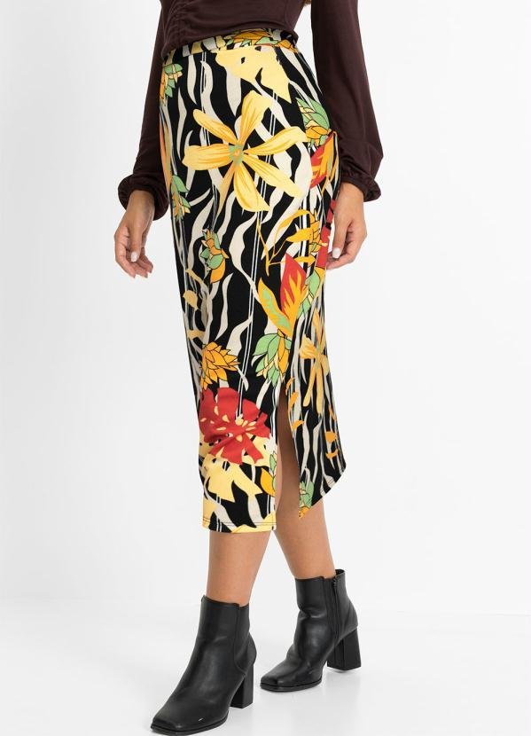 Saia Lápis com Fenda Floral Dark