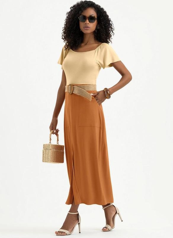 Saia Midi em Viscose Laranja Escuro
