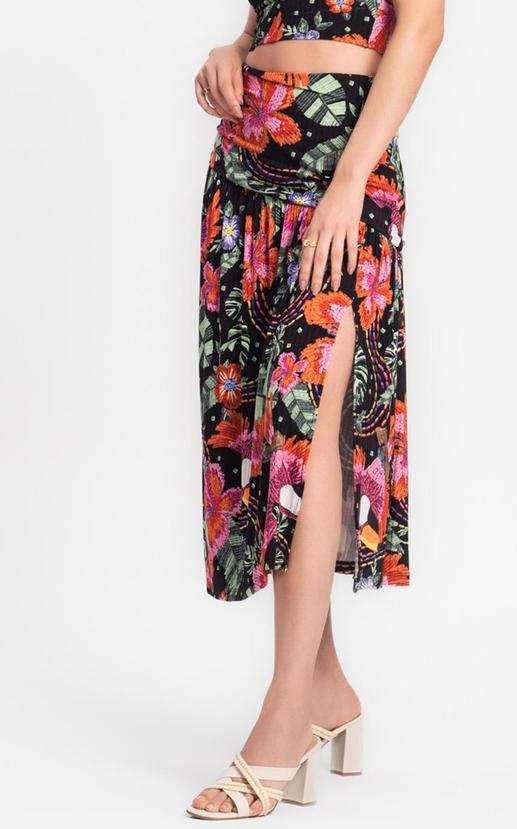 Saia Midi Feminina em Ribana Canelada Preto