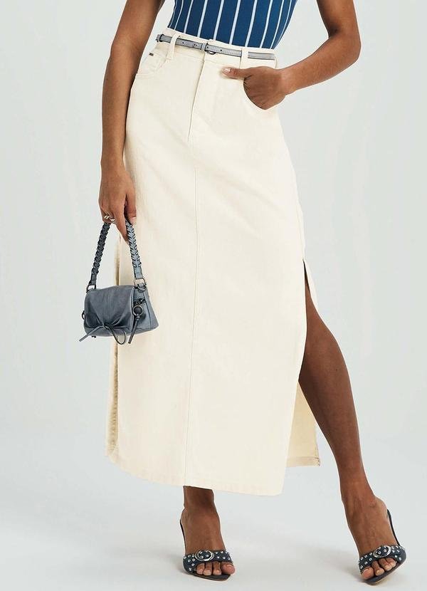 Saia Midi Feminina Jeans com Fendas Bege