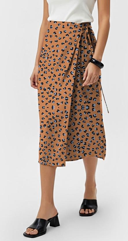 Saia Midi Transpassada Estampada Bege