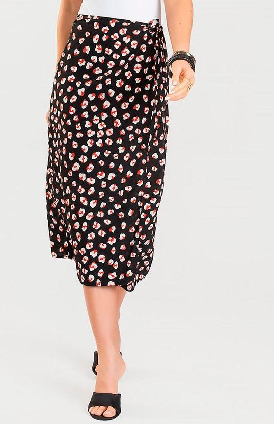 Saia Midi Transpassada Estampada Preto