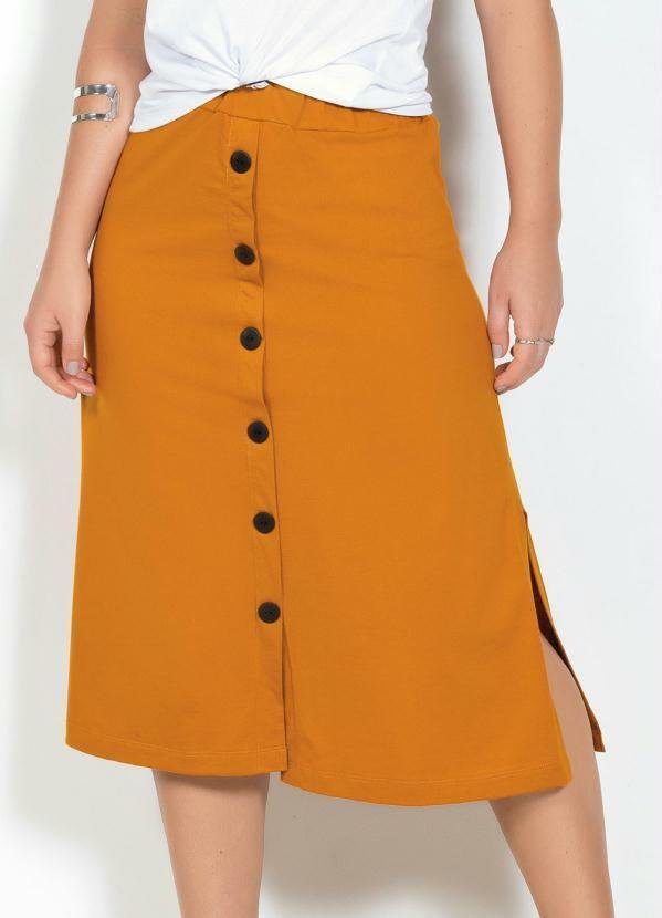 Saia Mostarda Midi com Botões Decorativos