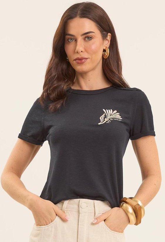 T-Shirt de Manga Curta Boho Preto