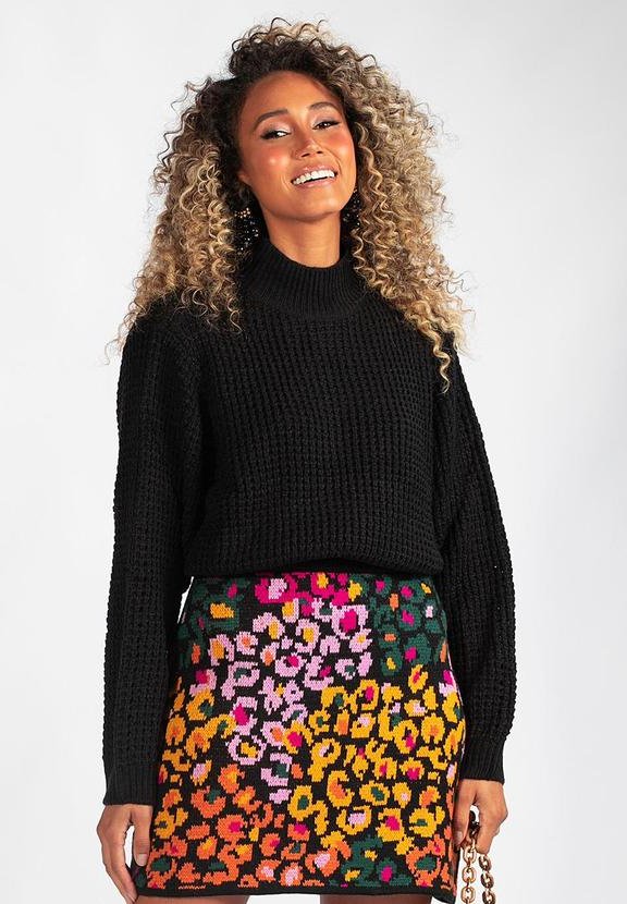 Blusão Amplo Gola Alta Tricot Preto