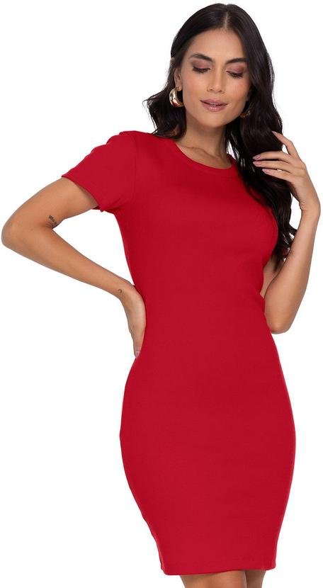 Vestido Acinturado em Ribana Canelada Vermelho