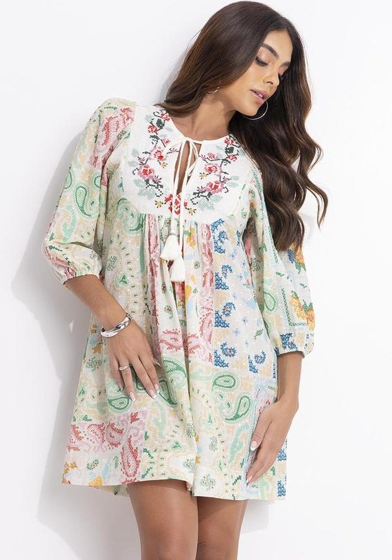 Vestido Curto Borda Bandana Bege