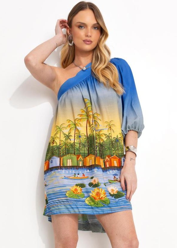 Vestido Curto em Viscose Azul