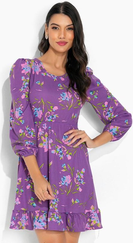 Imagem principal Vestido Floral Roxo com Babado e Decote Redondo Moda Pop Moda Pop