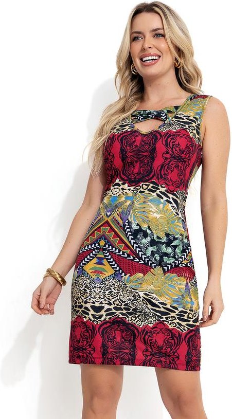 Imagem principal Vestido Mix Estampa Bordô com Faixa no Decote Moda Pop Moda Pop