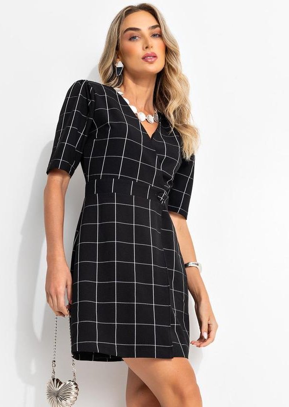 Vestido Xadrez Grid em Tecido de Alfaiataria