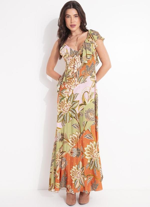 Vestido Babado Patch Floral Delhi Laranja