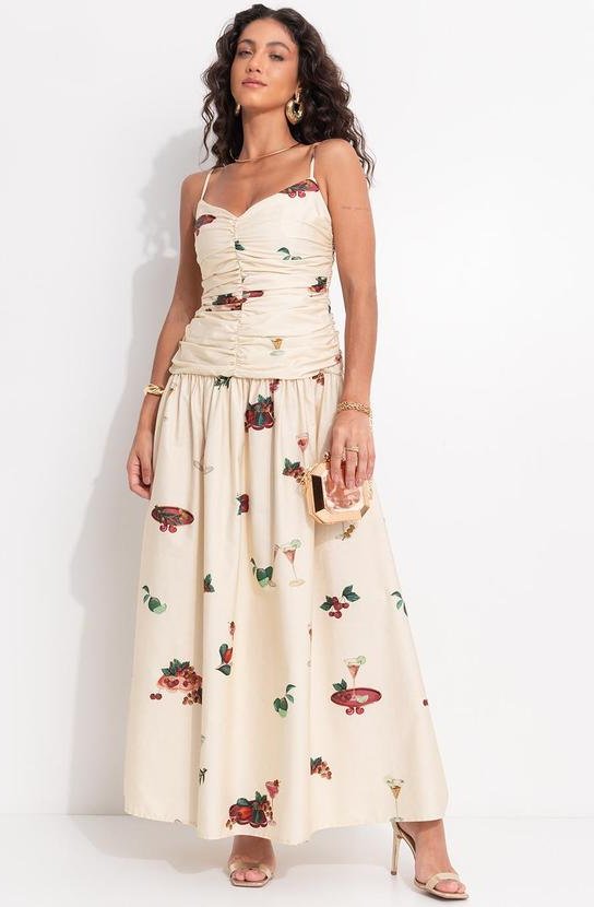 Vestido Cropped Coquetel Tropical Bege