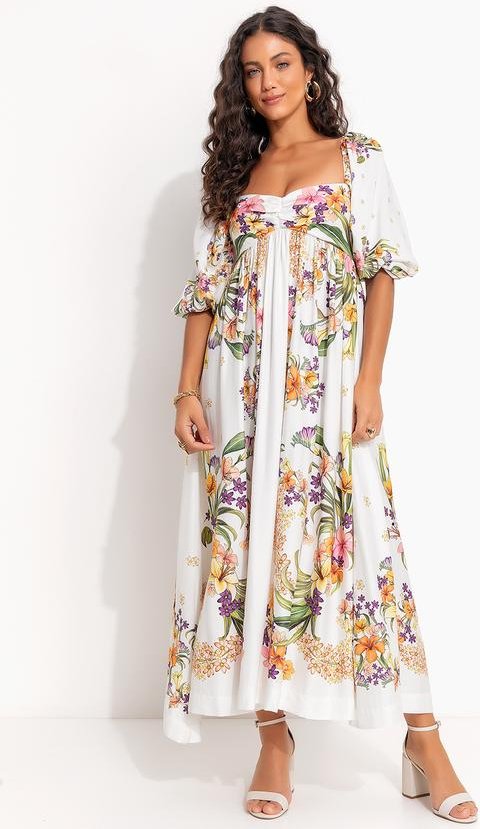 Vestido Cropped Lenço Pássaro em Flor Off White