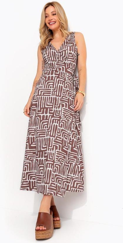 Imagem principal Vestido Midi Transpassado Estampa Geométrica Marrom em Malha Fria Quintess Quintess