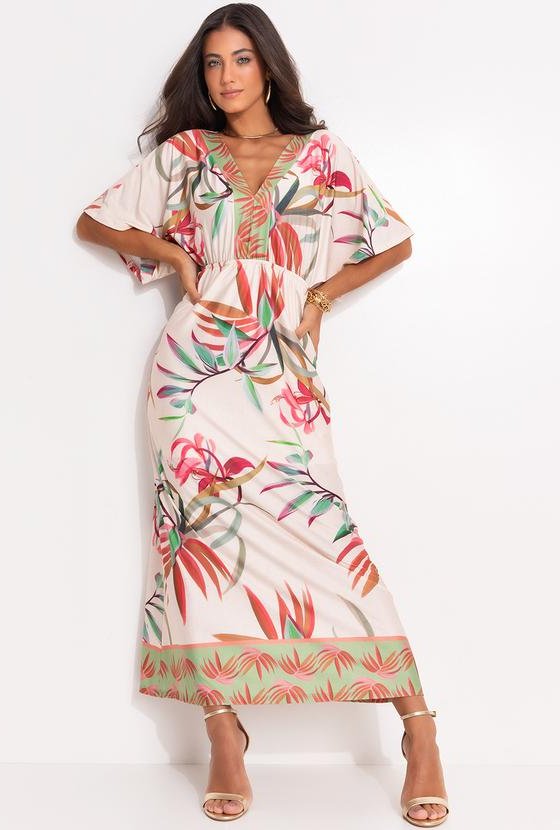 Vestido Folhagem Off White em Malha Fria